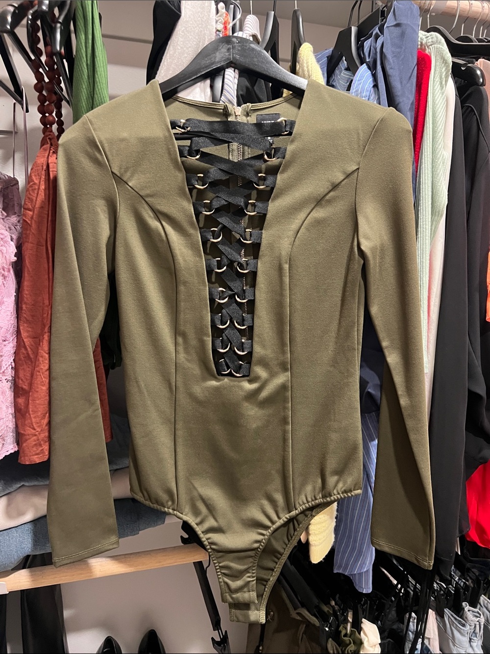 Olive Green Lace-Up Long Sleeve Bodysuit